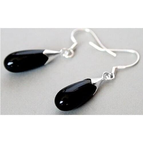Fashion ladys New Pair black Natural Stone &Tibetan Silvers Earrings