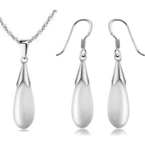 New Arrival Silver Color Water Drop Jewelry sets Cats eye stone Necklace and Earrings Sets bijoux femme