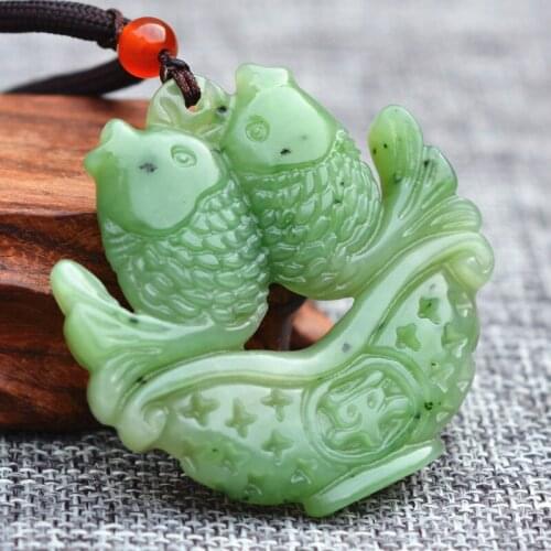 Drop Shipping Natural Green Hetian Jades Pendant Hand Carved Love fish Pendant Necklace Gift for Women Mens Jewelry Free Rope