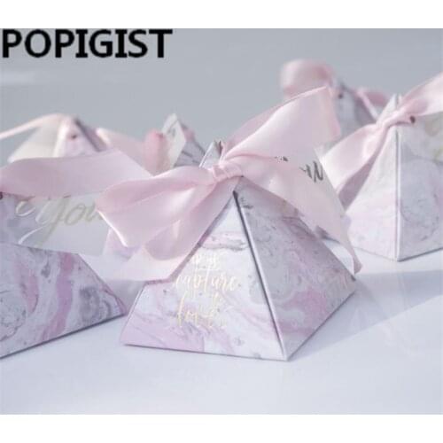Pink Triangular Pyramid gift box+card+ribbon wedding favors and gifts candy box wedding gifts for guests wedding decoration