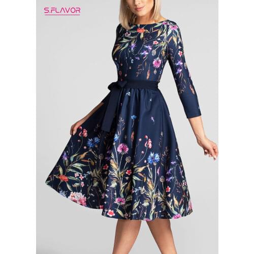 S.FLAVOR Women Vintage O Neck Print A Line Dress Casual 3/4 Sleeve Boho Knee Length Dress Female Slim Party Vestidos 2021