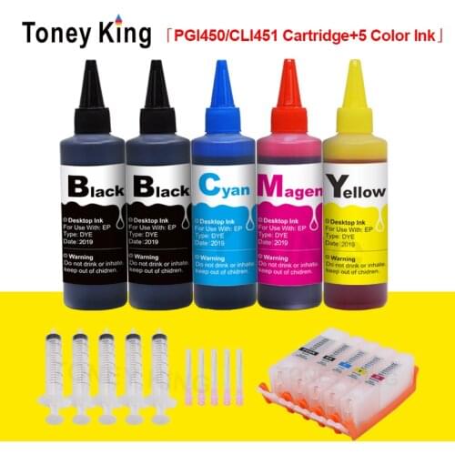 Toney King PGI-450 CLI-451 Refillable Cartridge For Canon PGI 450 CLI 451 Pixma IP7240 MG5540 IX6540 IX6840 + 500ml Dye Ink Kit