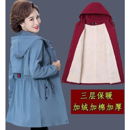 Trench Coat Mother Spring Autumn Solid Color Women Coats 2021 New Middle-Aged Femme Zipper Tops Lady Winter Hooded Coat Velvet