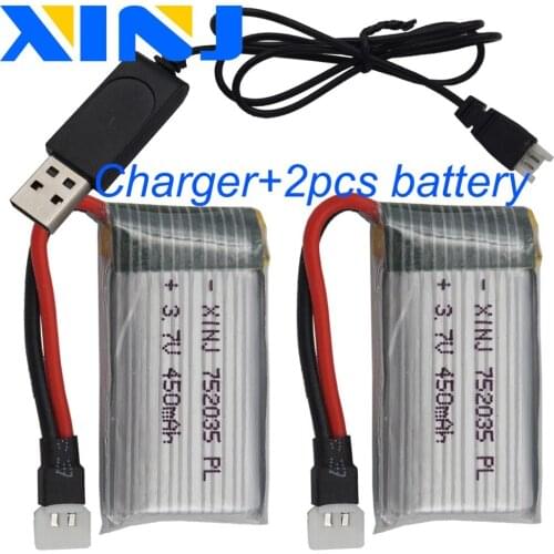 XINJ 2pcs+Charger 3.7V 450mAh 25C Rechargeable Polymer Lithium Lipo Battery 752035 For DFD F182 F183 H8C RC Quadcopter Drone