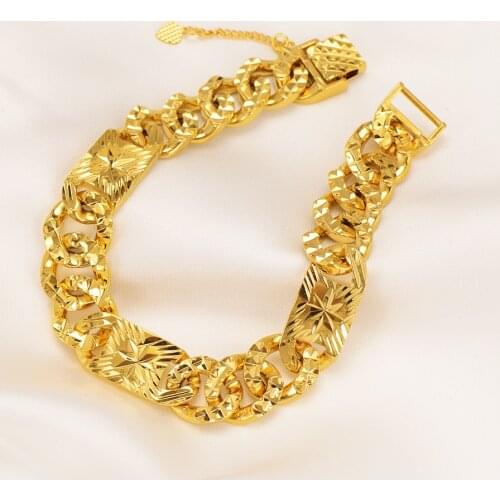 9 k THAI BAHT G/F Yellow Solid Fine Gold Wide Cuff Bracelet Fashion Metal Brace Starlit Shape Urban Women