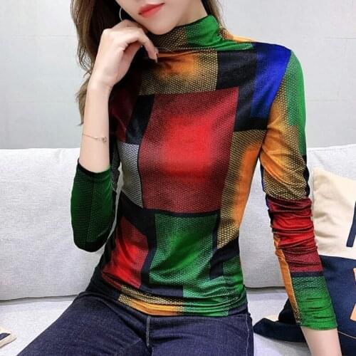#8591 Autumn Colorful Printed Fleece T Shirt Women Slim Turtleneck Womens Tee Shirts Sexy Streetwear Long Sleeve T Shirt Femme
