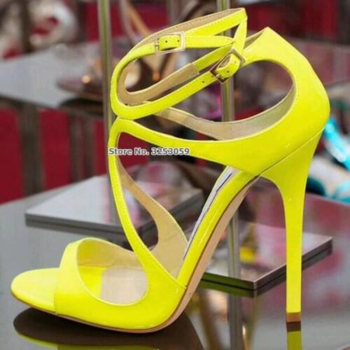 ALMUDENA Women Neon Yellow Patent Leather Cross Strappy Buckle High Heel Sandals Stiletto Heels Hollow Out Cage Shoes Dress Pump