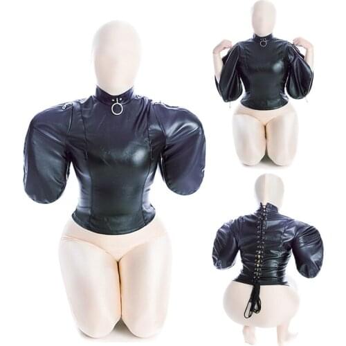 Women BDSM Leather Double Arm Binde Mummy Restraint Bag,Sex Bondage Straitjacket Erotic Costume,Slave Confinement Game Sex Toys