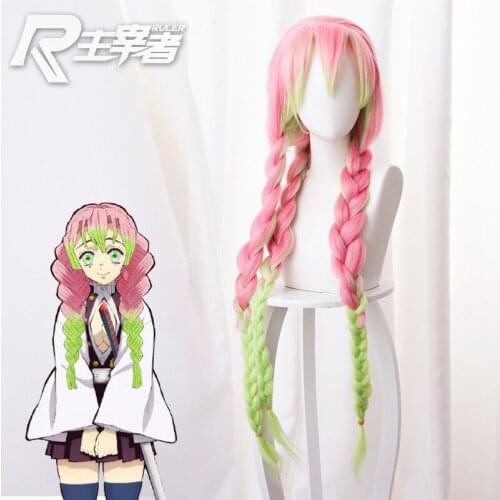 Japanese anime Anime Demon Slayer: Kimetsu No Yaiba Women Cosplay Wig Green Pink Colorful Hair Braids Hair + Free Wig Cap