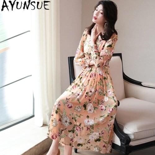 AYUNSUE Woman Silk Dress 2021 Beach Floral Dress Female Elegant Midi Dresses for Women Long Sleeve V Neck Spring Summer Vestidos