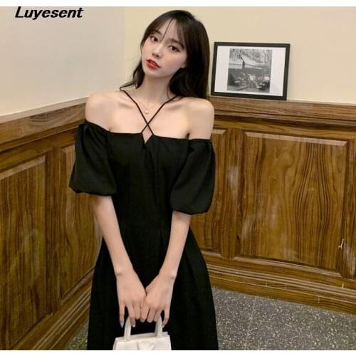 Plus Size Black Lady Vintage Long Dress Empire Puff Sleeve Women Halter Elegant Dresses Summer Slash Neck Korean Fashion Clothes