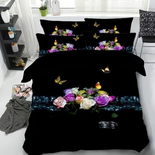 Goldeny 4 Parts Per Set Butterflies and Wedding Bouquet of Roses 3d Bedding