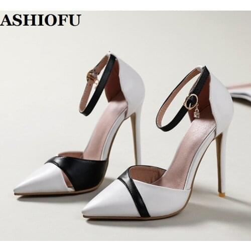 ASHIOFU Womens Stiletto Heeled Pumps Buckle Strap Patchwork Leather Party Prom Shoes Large Size Fashion Evening Club Court Shoes