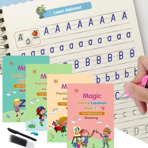 Childrens Magic Book 4 Volumes/sets of Reusable 3D Magic Practice Notebooks Large Size Calligraphy Copybook English Numbers