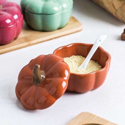 Pumpkin Ceramics Spice Jar Salt Sugar Storage Container With Spoon Kitchen Spice Bottles Jars Organizer Kitchen Tools