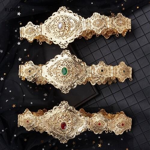 Classic Moroccan Bridal Waist Chains with Full Rhinestones Turkish Robe Belts In Gold Adjustable Kaftan Belts