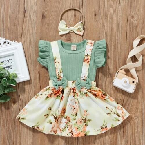 3 Pieces Kids Suit Set, Summer Solid Color O-Neck Fly Sleeve Tops+ Floral Suspender Skirt+ Headband for Girls, 6 Months-4 Years