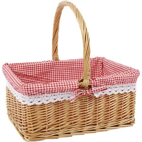 Picnic Basket, Woven Natural Wicker Basket with Double Handles and Cloth Lining for Food Sundry Container Fruit Storage Small