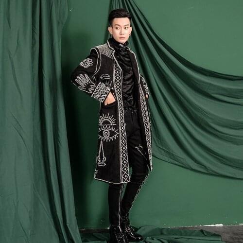 Men Asia Real Size Black Baroque Embroidery Beading Event/red Carpet/stars/luxury Long Coat/stage Performance/studio/dance/club