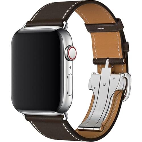 Newest Stainless Steel Single Tour Deployment Buckle leather band for apple watch 6 5 4 3 2 1 smart watchbands iwatch 38mm 42mm