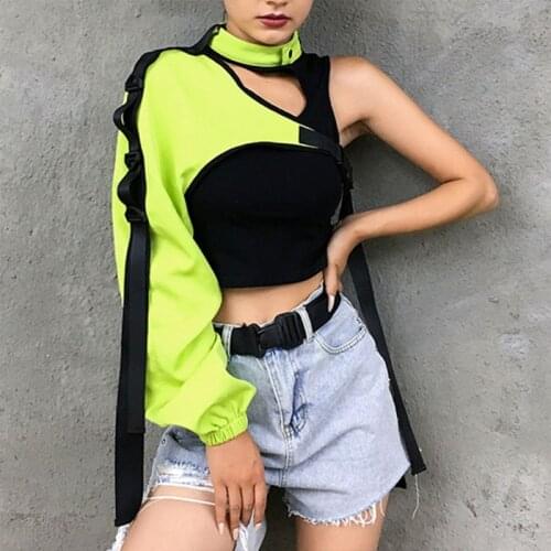 New Women Sexy One Shoulder Reflective Crop Tops Choker Adjustable Buckle Long Sleeve Cover Up Irregular T-Shirt Rave Shrugs