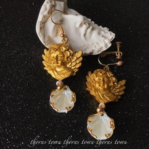 Poseidon Sonata Original Design Golden Embossed Angel Earrings in Thorn Town