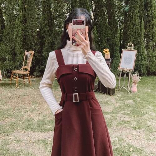 3 Colors Japan Preppy Style Women Tank Dress With Belt Retro Solid Loose Casual Large Size Sleeveless Dresses For Autumn Winter