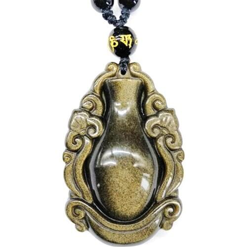 Drop Ship Gold Obsidian Engraved Vase Necklace Pendant Gold Vase Mens Pendant With Chain Black Jade Jewelry