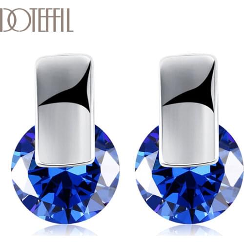 DOTEFFIL 925 Sterling Silver/18K Gold AAA Zircon Blue/White Earrings For Women Jewelry Fashion Jewelry Wedding Party Gift