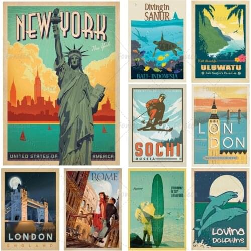 Vintage Europe World City Tour Landscape Poster and Prints New York London Berlin Prague Wall Art Canvas Painting Home Decor