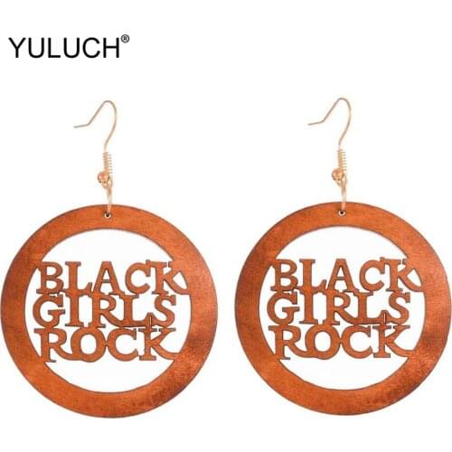 YULUCH 2019 Fashion Round Wooden Hollow Letter Black Girls Rock Ethnic African Statement Drop Pendant Earrings For Women Party