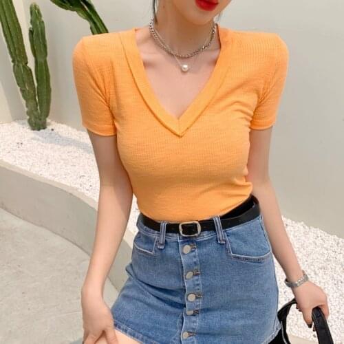 Summer New Ribbing Tight V collar Short Sleeve T-Shirt Womens T-Shirt
