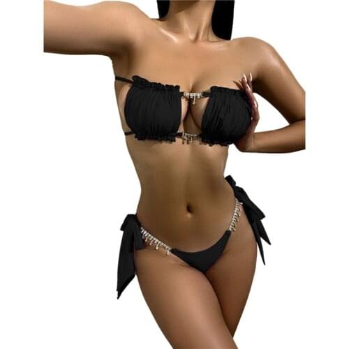 Women Bandeau Bikini Set Solid Black Yellow Red Orange Strapless Frill Trim Ruched Tops + High Cut Bottom Set Swimsuit For Women
