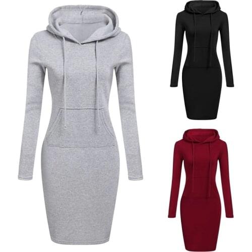 Spring and Autumn Hooded Drawstring Dress Womens Sweater Long Sleeve Dress 2021 Fashion Solid Color Warm Pocket Sweatshirt Dres