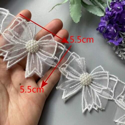 10X White Lace Trim Ribbon Mesh Bowknot Rhinestones Embroidered Patches Applique Fabric DIY Wedding Dress Sewing Supplies 5.5CM