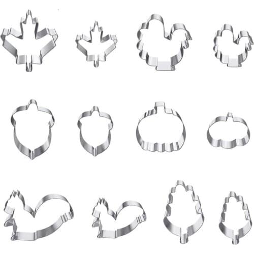 12pcs Cookie Cutters Thanksgiving Turkey Maple Pumpkin Stainless Steel Biscuit Mold Fondant Pastry Decorating DIY Baking Mould