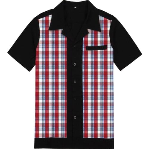 2021 New Casual Rock Bowling Men Shirt blouse ST111 Short Sleeve Black Cotton Vintage Plaid Shirt Men