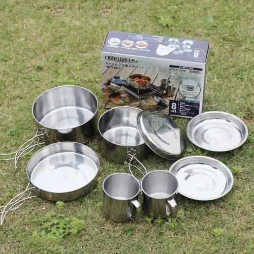 8Pcs/set Ultra-light Stainless Steel Outdoor Picnic Pot Pan Kit Outdoor Camping Hiking Mini Cookware Bowl Cup Cover Cooking Set