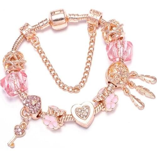 Boosbiy European Style Snake Chain Charm Bracelet With Key & Flower Beads DIY Fashion Brand Bracelet For Women Jewelry Gift