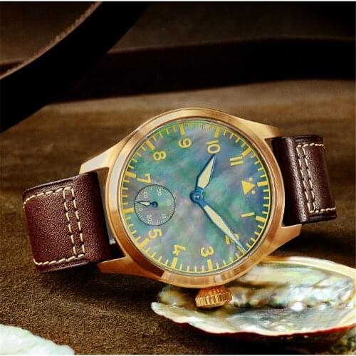 San Martin Bronze Pilot MOP Dial Men Watch See-through Case Back Seagull 6498 Mechanical Hand Wind Sapphire Leather Luminous