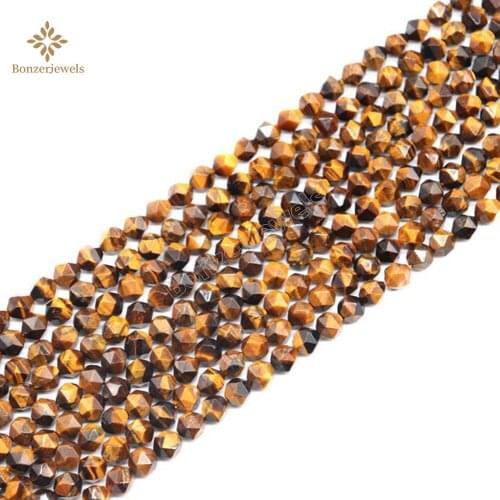 Natural Factory Price Diamonds Faceted Tiger Eye Stone Round Star Cut Polygon Beads For Jewelry Making 15" Strand 6 8 10MM