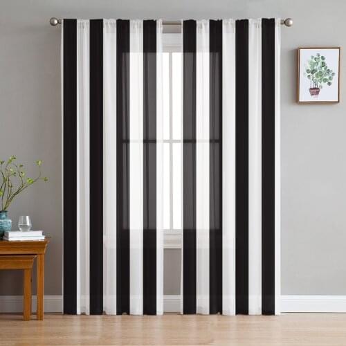 Black White Stripes Print Sheer Window Panel Curtains Room for Living Room Bedroom Kitchen Room Chiffon Tulle Curtains