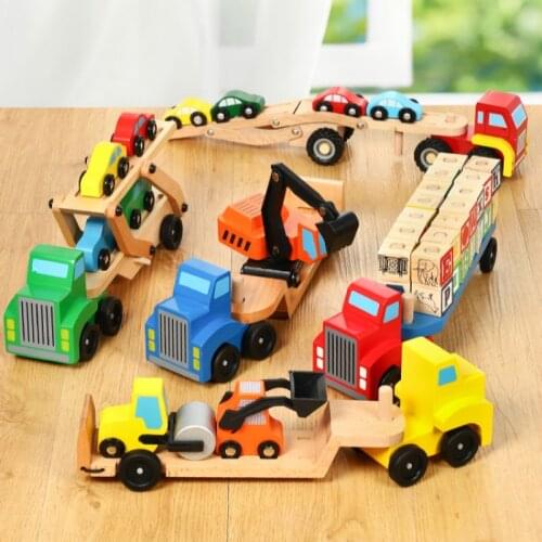 Baby Wooden Truck Toy Children Early Educational Designer Vehicles Toys Double Decker Car Carrier and 4 Cars Classic Model Toys