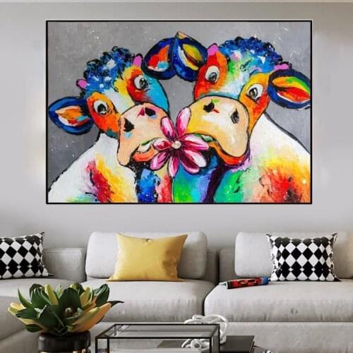 Hand Painted Lovely Graffiti Art Animal Pictures Oil Painting Cartoon Cow On Canvas Coloring For Living Room Home Decor No Frame