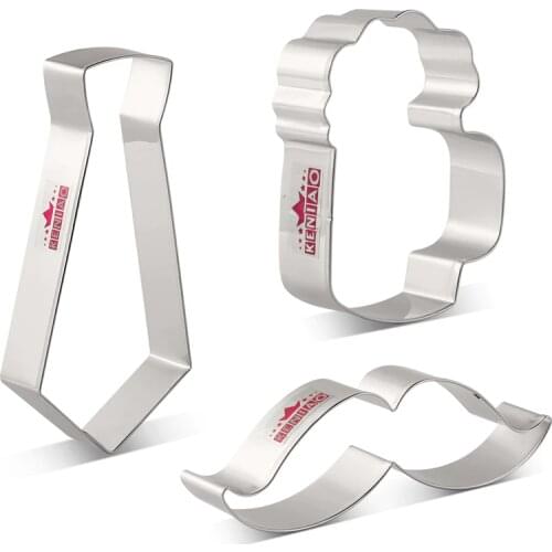KENIAO Fathers Day Cookie Cutters Set for Party - 3 Piece - Necktie, Moustache and Beer Mug Biscuit Cutter - Stainless Steel