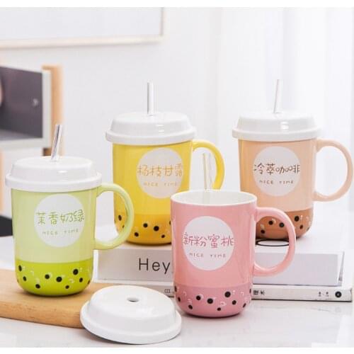 Coffee mugs Creative Cartoon Ceramic Straw Cup With Lid Cute Student Personality Coffee Mugs Office Milk Tea Breakfast Cups
