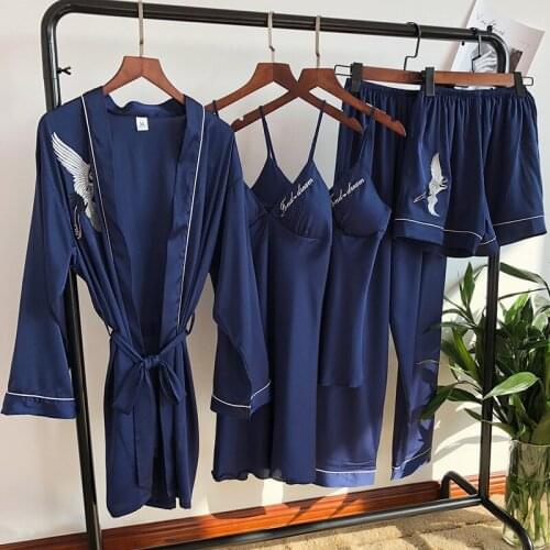 Pajama Set Embroidery Pajamas for Women Silk Sexy Pyjama Femme Nightwear Home Suit Women Clothes Kimono Autumn 5 Pieces