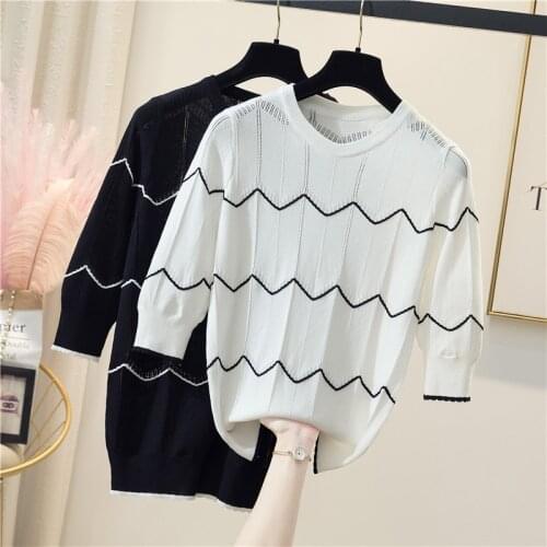 M-4XL plus size women Summer thin sweater 2021 short sleeve o neck Stripe kint hollow out Oversized female pullover jumper
