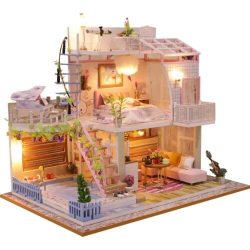 Mini DIY Wooden Dollhouses Happy Time Pink Princess Loft Assembled Miniature with Furniture Doll House Toys for Kids Girls Gift
