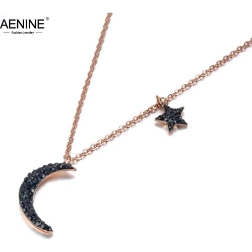 AENINE Fashion Black Rhinestones Star & Moon Charm Necklaces Stainless Steel Rose Gold Pendants Necklace For Women Gifts AN18238